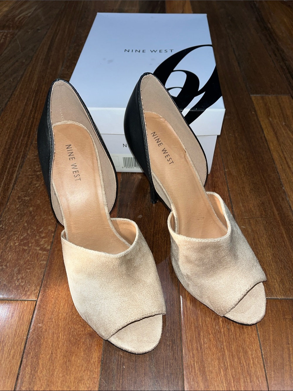 Nine West Two-Tone Peep-Toe Heels in Beige and Black